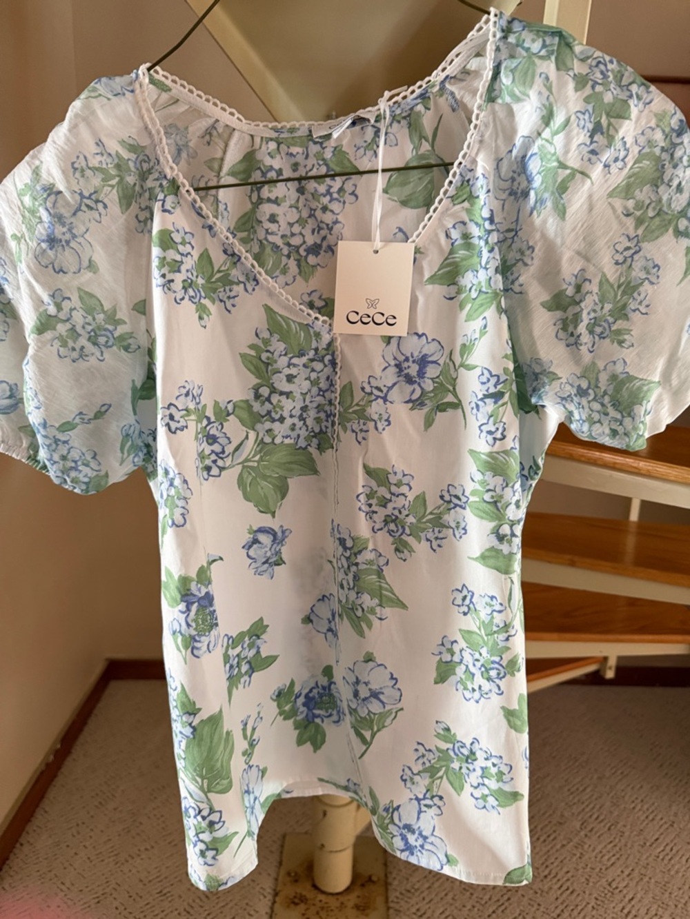 CeCe White Blouse with Blue and Green Floral Print